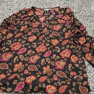 Maurices Black Blouse with Pink and Gold Floral Design